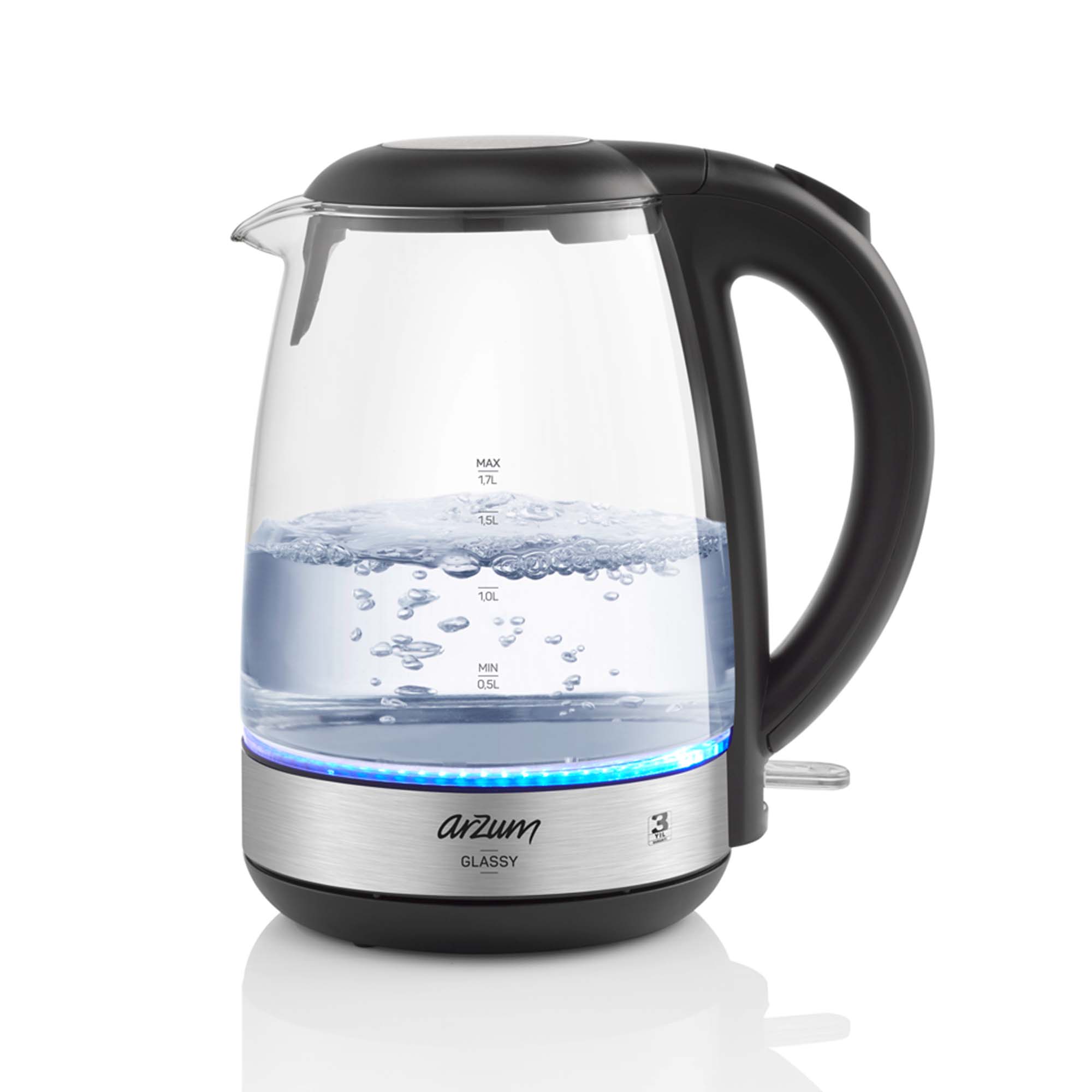 The Arzum Glassy Kettle is perfect for hotels, healthcare centres, student accommodations, and more. This elegant and efficient kettle features a powerful 2200W heating element for rapid boiling. The 1.7-litre glass body provides ample capacity and a sophisticated touch to any kitchen. Designed for convenience, it offers cordless usage, automatic switch-off, and boil-dry protection with auto shut-off. The stainless-steel concealed resistance ensures even heating and prevents limescale buildup, while the washable lime filter keeps water clean. The 360° rotatable base allows for easy handling, making it suitable for both left- and right-handed users.