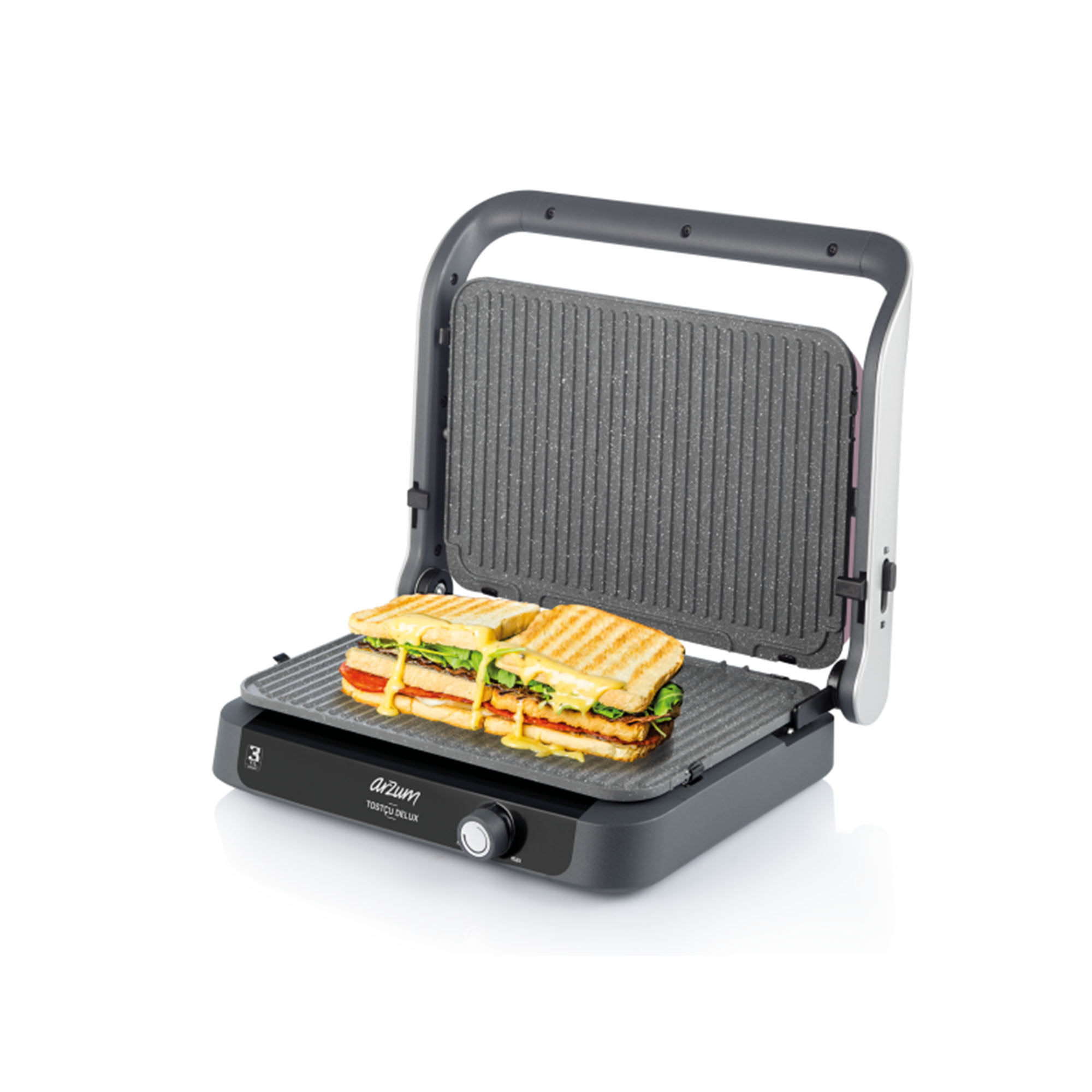 Upgrade your facility's kitchen with the Arzum Tostçu Deluxe Nar Grill and Sandwich Maker. Perfect for hotels, healthcare centres, student accommodations, and more, this appliance offers powerful 1800W performance for quick and efficient cooking. Its double-sided, detachable, non-stick granite plates accommodate up to 6 portions, making it ideal for family meals or entertaining guests. The variable temperature control allows precise heat adjustment, while the 180° rotational top body transforms it into a flat grill. The heat-resistant ergonomic handle, temperature and warning light indicators, and security latch add safety and convenience. Vertical storage saves space, and the stylish pomegranate colour adds a vibrant touch to your kitchen.