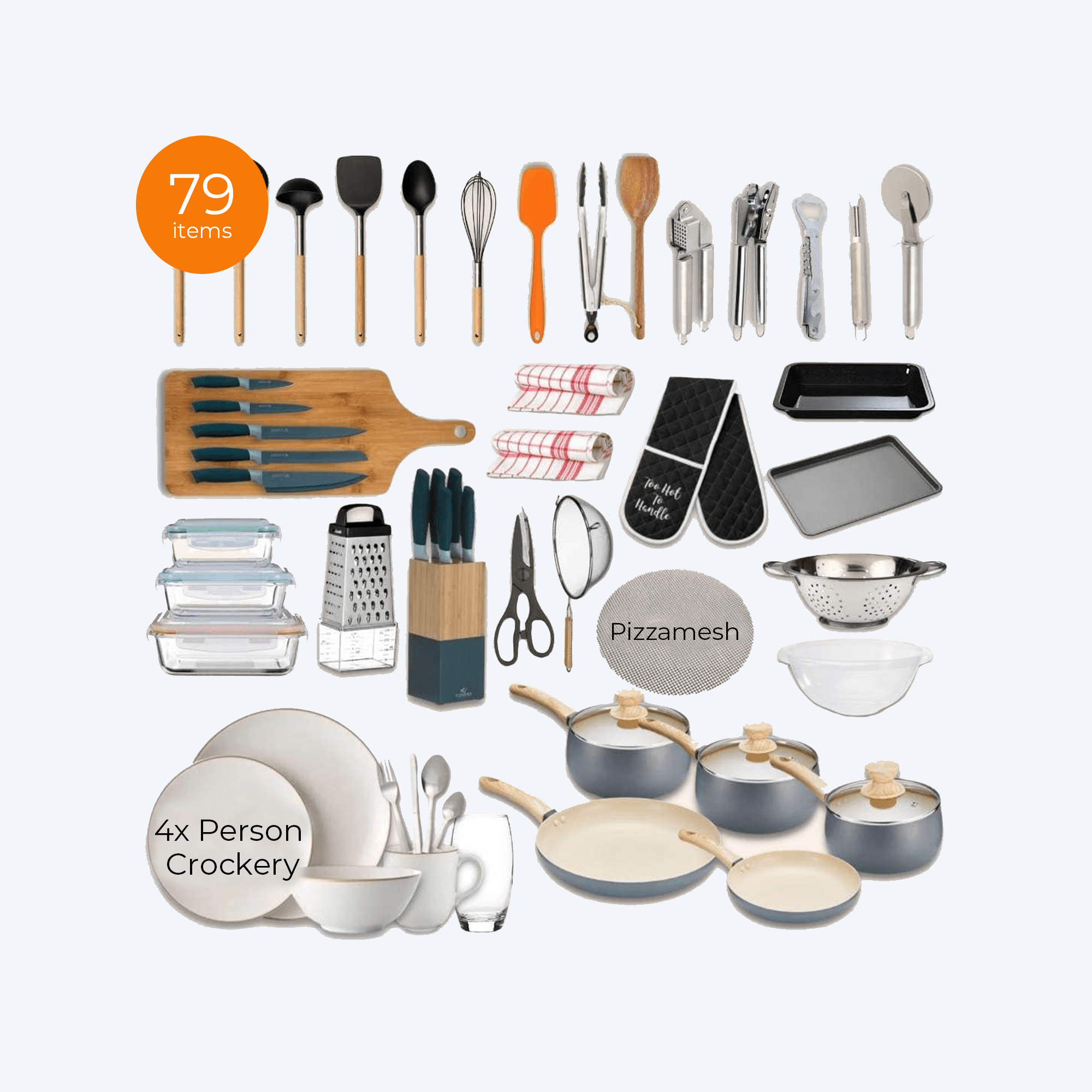 Enhance your kitchen with our Exclusive Kitchen Set, perfect for educational sectors, student accommodations, short-term rental properties like Airbnb, and high-end facilities. This set is particularly well-suited for long-term stays, group accommodations, and common kitchens. It includes premium kitchen tools and accessories, offering everything needed for a complete and luxurious cooking experience.