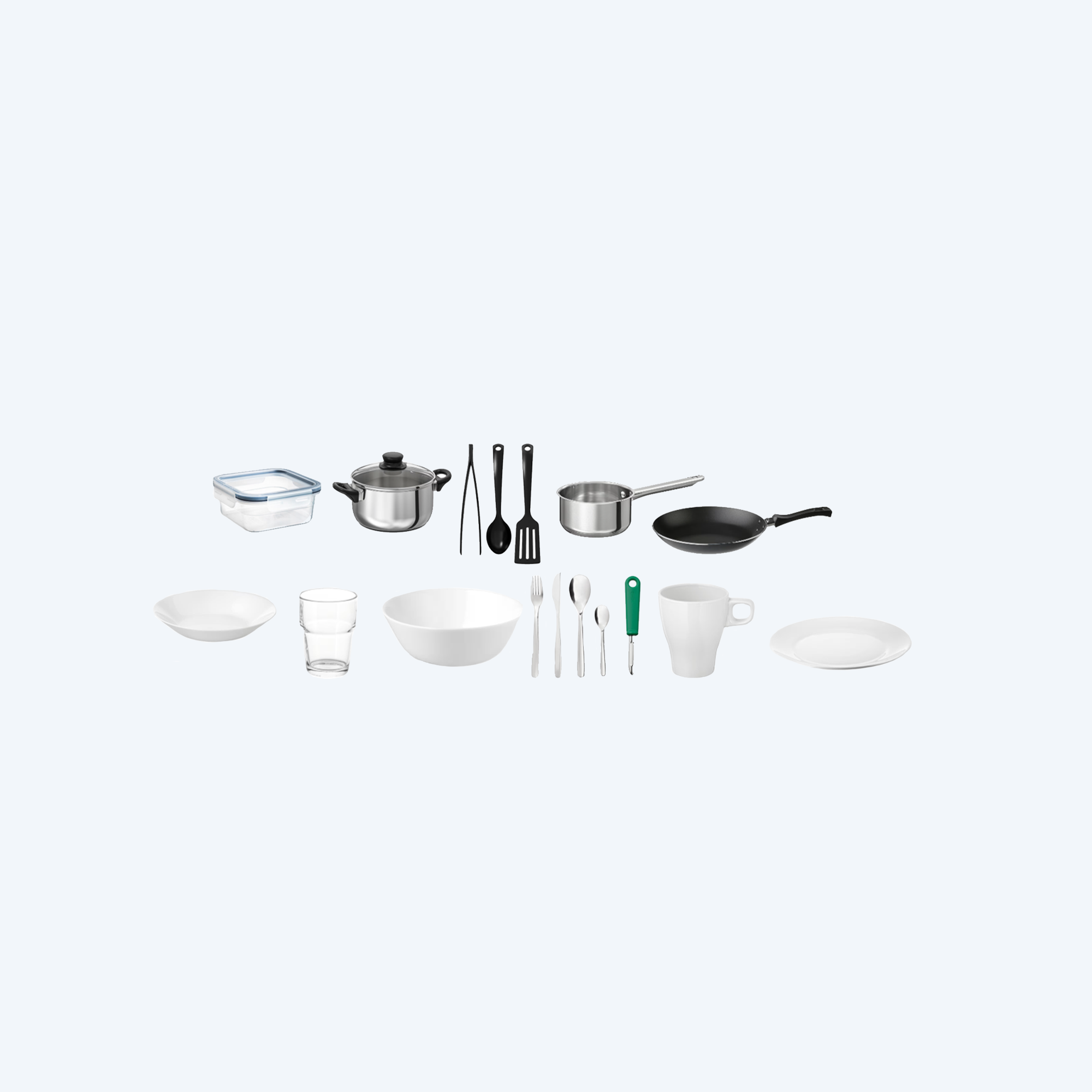 Designed specifically for educational sectors, student accommodations, and other facilities requiring comprehensive kitchen solutions. This set includes essential high-quality kitchenware, providing students and residents with a convenient and efficient cooking experience.